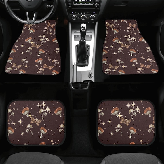 Starry Mushroomcore Car Floor Mats, Cottagecore black witchy boho car accessories, Moths, mushrooms and moth women girls car mats set