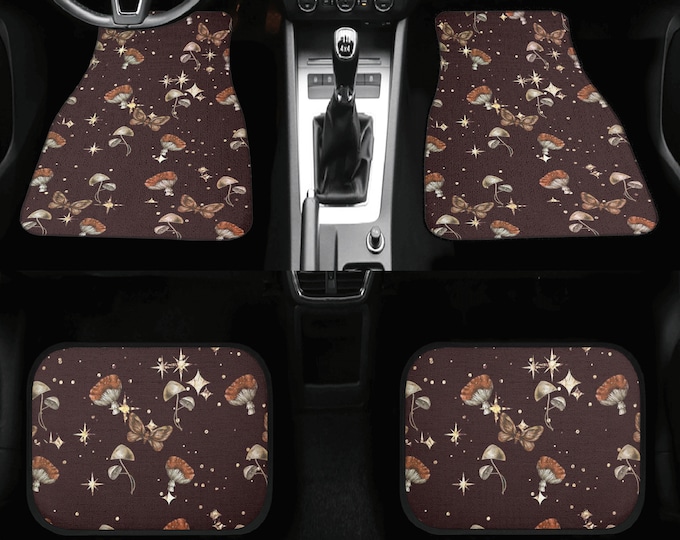Starry Mushroomcore Car Floor Mats, Cottagecore black witchy boho car accessories, Moths, mushrooms and moth women girls car mats set