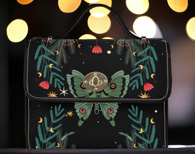 Cottagecore green witch Canvas Satchel bag, Cute women moth crossbody purse, cute vegan leather strap hand bag goth bag, hippies boho gift