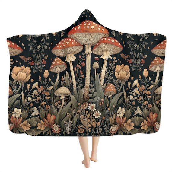 Cottagecore Mushroom Forest hooded blanket, Enchanted Forest Witchy lounging cozy blanket throw, Fairycore Boho hooded cloak Cape Blanket