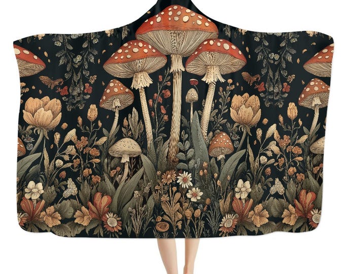 Cottagecore Mushroom Forest hooded blanket, Enchanted Forest Witchy lounging cozy blanket throw, Fairycore Boho hooded cloak Cape Blanket