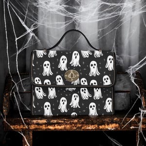 Bolso de lona con diseño de fantasmas espeluznantes para Halloween, bolso con diseño de fantasmas de Dark Academia, bolso de bruja, bolso con asa superior, bolso Witchcore, billetera boho con diseño de fantasmas góticos