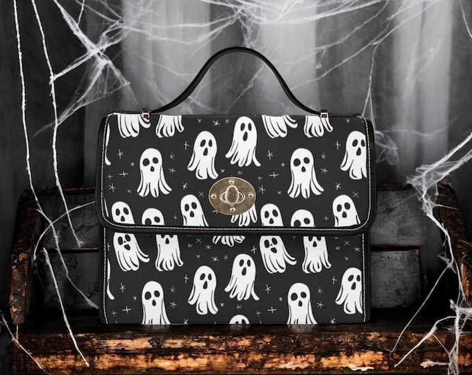 Spooky Ghosts Halloween Canvas Satchel Bag, Dark Academia Ghost Purse, Witchy Purse, Top Handle Bag, Witchcore Bag, Goth Ghosts boho wallet