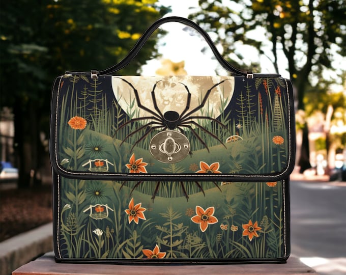 Black Spider Full Moon Satchel Bag, Animal Forest Hand Bag, Cottage Core Crossed Body Bag, Whimsigoth Purse, Witchy Goblincore HandBag