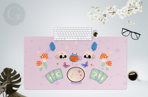 Kawaii goth purple desk mat, cute witch elements desk pad, kawaii witch mystical mouse pad wrist rest, girl gamer desk setup, xxl gamig mat