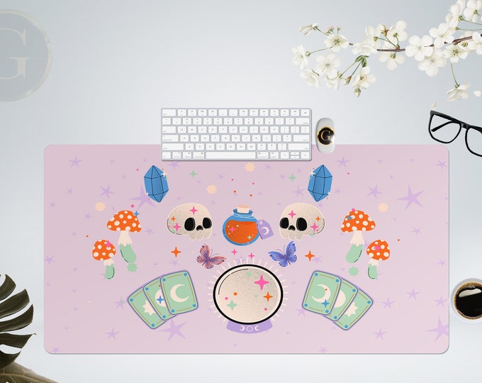 Kawaii goth purple desk mat, cute witch elements desk pad, kawaii witch mystical mouse pad wrist rest, girl gamer desk setup, xxl gamig mat