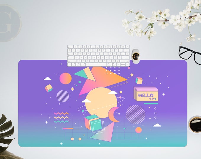 Pink Purple Retro desk mat, 80s desktop Vaporwave Desk Mat, kawaii desk mat cute desk accessories, xxl mouse pad, extended gaming mouse pad