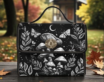 Halbmond Farne Pilz Umhängetasche, Hexe Canvas Umhängetasche, niedliche Frauen Schultertasche Handtasche Boho Geschenk Cottagecore Pilztasche