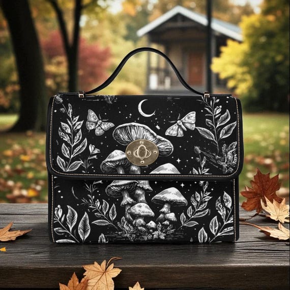 Crescent Moon Ferns Mushroom Cross Body Purse, Witch Canvas Satchel bag, Cute women Shoulder Bag hand bag boho gift Cottagecore mushroom bag