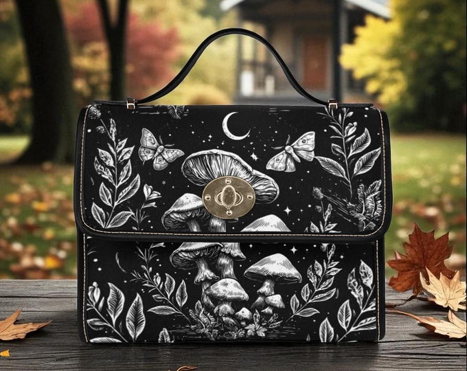 Crescent Moon Ferns Mushroom Cross Body Purse, Witch Canvas Satchel bag, Cute women Shoulder Bag hand bag boho gift Cottagecore mushroom bag
