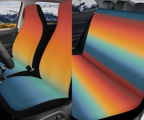 Retro Car Seat Cover for Women Full Set Cute, Retro Colorful 70s Front Bucket Seat Back Seat Cover for Vehicle, Boho Hippie Car Decor Gift
