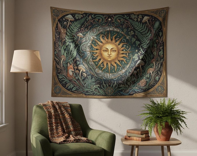Mystic Sun and Moon with Ferns, Fox Owl Animal Tapestry, Large Celestial Wall Tapestry Decor, Boho Hippies Gift, Cottagecore Witch Tapestry