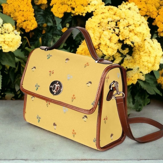Minimal Cottagecore Mushroom and Leaves Canvas Satchel bag, Cute women crossed body purse, vegan leather strap goth bag, hippies boho gift