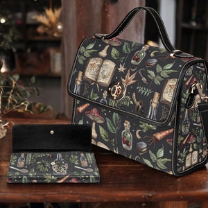 Bolso botánico oscuro, bolso tipo cartera de lona verde brujo cottagecore, bolso bandolera gótico místico y caprichoso con diseño de brujería y bosque de herbolario