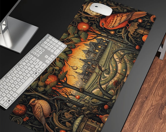 Magical Forest Cottagecore Witch Desk Mat, extra large XXL Whimsical animal mousepad setup Ergonomic mousepad wrist rest desk pad