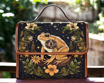 give_me_frog_ページ Green Frog Black Canvas Satchel Bag, Whimsical Witchy Frog