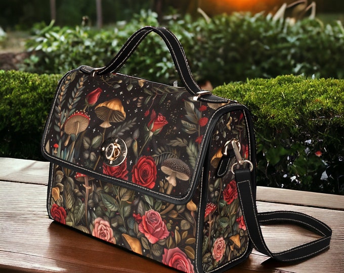 Dark Cottagecore Rose Canvas Satchel bag, women rose moth crossed body purse, cute vegan leather strap hand bag goth bag, hippies boho gift