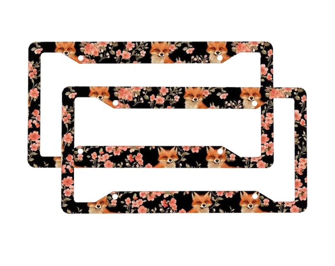 Cottagecore Fox and Cherry Blossom License Plate Frame, Boho Nature Car Decor, Aluminum Plate Cover, Nature Number Plate frame, Car exterior