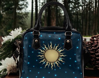 Mystical Sun Witchy Blue Starry Bowler Hand Bag Goth, Cute Witchy