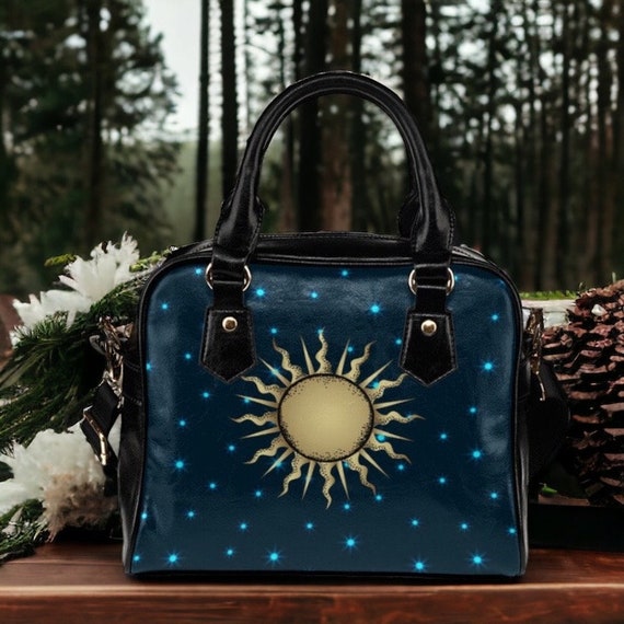 Mystical Sun Witchy blue Starry bowler hand bag goth, Cute Witchy PU Vegan leather shoulder strap bag, Witch purse handbag, Cute goth bag
