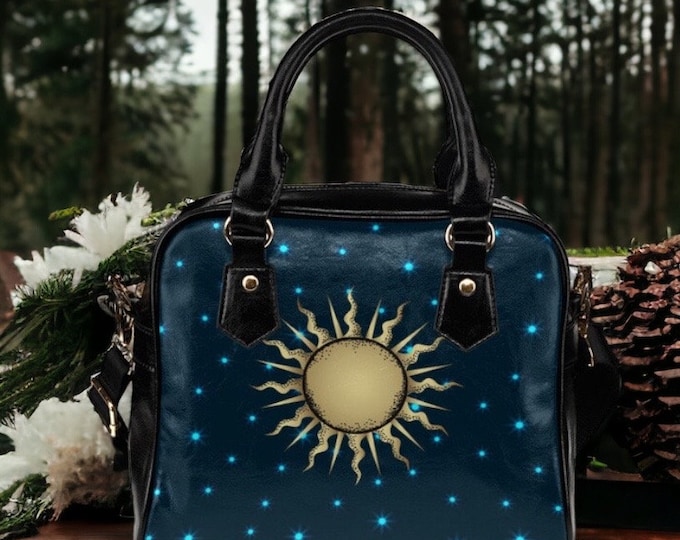 Mystical Sun Witchy blue Starry bowler hand bag goth, Cute Witchy PU Vegan leather shoulder strap bag, Witch purse handbag, Cute goth bag