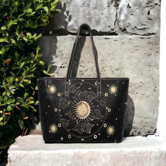 Black Witch Mystical Sun Astrology Vegan leather tote bag, witchy shoulder bag • Cottagecore vegan handbag, vegan leather bag gift for women