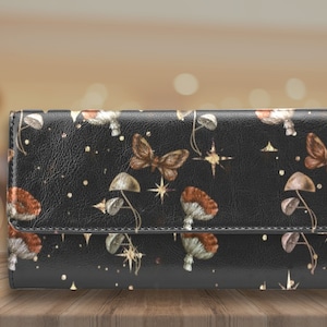 Red Mushroom and Moth trifold wallet, Boho Cute Witch Vegan Leather wallet, Mystical Goth Wallet organizer Long clutch wallet goth purse
