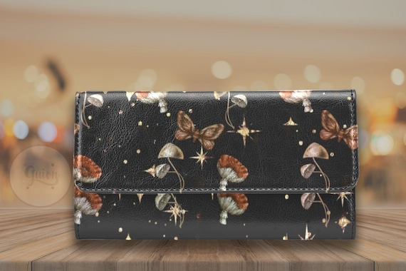 Red Mushroom and Moth trifold wallet, Boho Cute Witch Vegan Leather wallet, Mystical Goth Wallet organizer Long clutch wallet goth purse