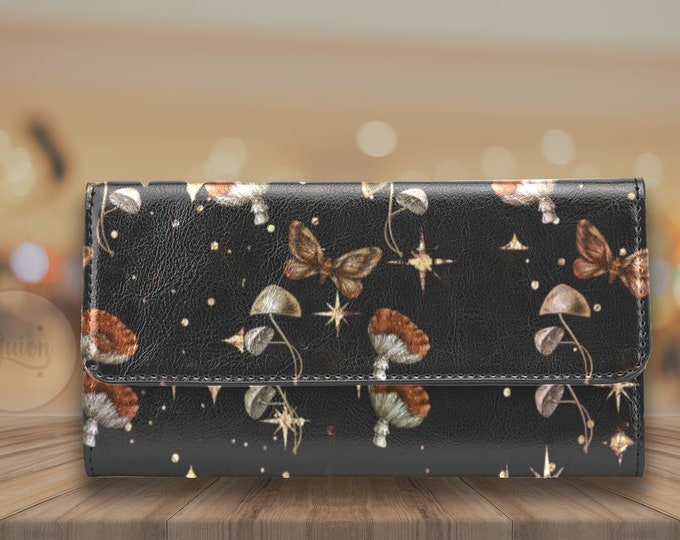 Red Mushroom and Moth trifold wallet, Boho Cute Witch Vegan Leather wallet, Mystical Goth Wallet organizer Long clutch wallet goth purse