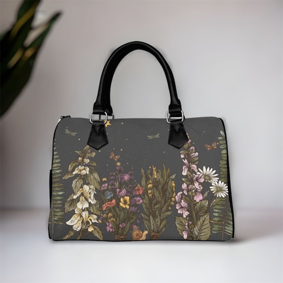 Cottagecore Boho Forest Top Handle Vegan leather nature handbag, nature women vegan leather purse, pu leather canvas bag, hippies boho gift