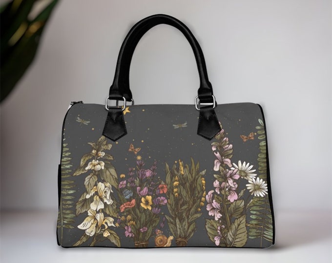 Cottagecore Boho Forest Top Handle Vegan leather nature handbag, nature women vegan leather purse, pu leather canvas bag, hippies boho gift