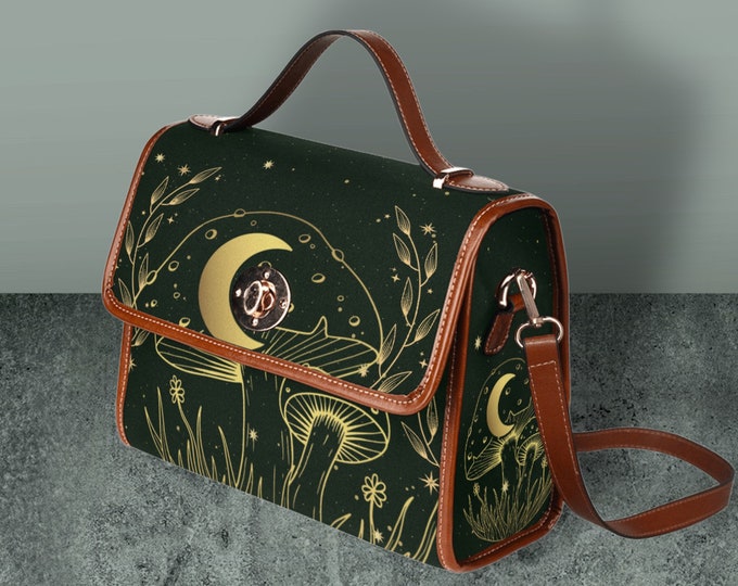 Cottagecore Celestial Moon Satchel bag, Cute women mushroom crossbody purse, cute vegan leather strap hand bag goth bag, hippies boho gift