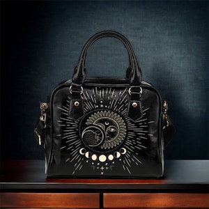 Mystical Sun Moon Phases Black sac à main à poignée supérieure, sac à bandoulière en cuir PU Vegan Cute Witch, sac à main Witchy, mignon petit sac à main noir