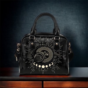 Mystical Sun Moon Phases Black top handle hand bag, Cute Witch PU Vegan leather shoulder strap bag, Witchy handbag, Cute small black purse