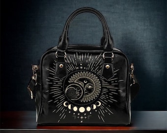 Mystical Sun Moon Phases Black top handle hand bag, Cute Witch PU Vegan leather shoulder strap bag, Witchy handbag, Cute small black purse