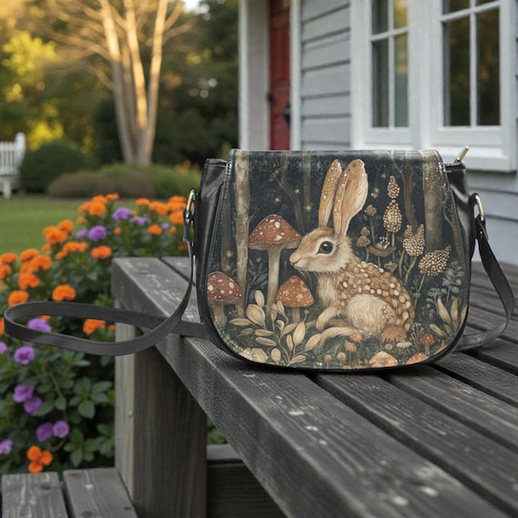 Medieval Rabbit Mushroom crossbody saddle bag, Witchy Cottagecore Vegan leather shoulder bag, Boho forest saddle purse gift, animal purse