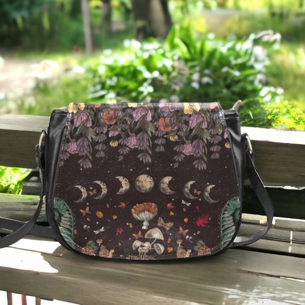 Cottagecore Moon Phases Witchy Vegan leather saddle bag, Witchy mystical floral crossed body purse women, witch goth bag, hippies boho gift