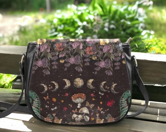 Cottagecore Moon Phases Witchy Vegan leather saddle bag, Witchy mystical floral crossed body purse women, witch goth bag, hippies boho gift