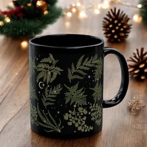 Starry Celestial Fern Forest Black Mug, Cottagecore Fall Dark Academia Ceramic Mug, Forestcore Celestial Black Mug Gift, 11oz&15oz Boho Mug