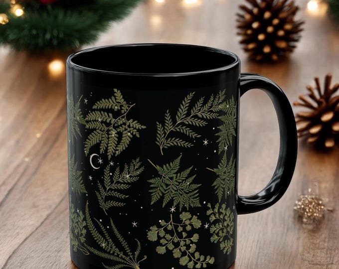 Starry Celestial Fern Forest Black Mug, Cottagecore Fall Dark Academia Ceramic Mug, Forestcore Celestial Black Mug Gift, 11oz&15oz Boho Mug