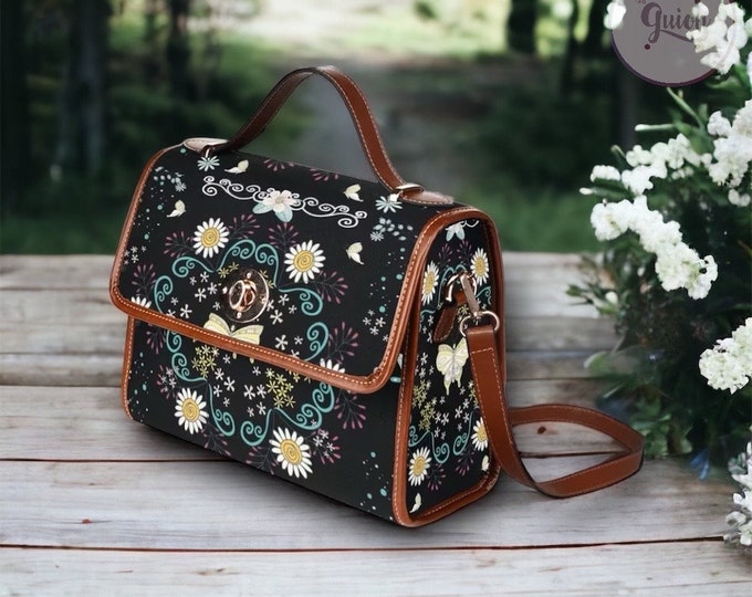 Cottagecore Daisy Flower Canvas Satchel bag, Cute women floral crossed body purse, cute vegan leather strap hand bag, hippies boho gift