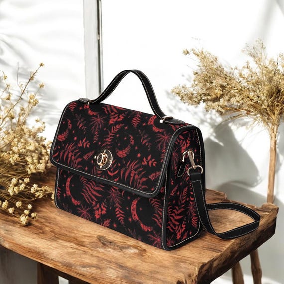 Dark Red Fern Canvas Satchel bag, dark women botanical witchy crossbody purse, cute vegan leather strap hand bag moth bag, hippies boho gift