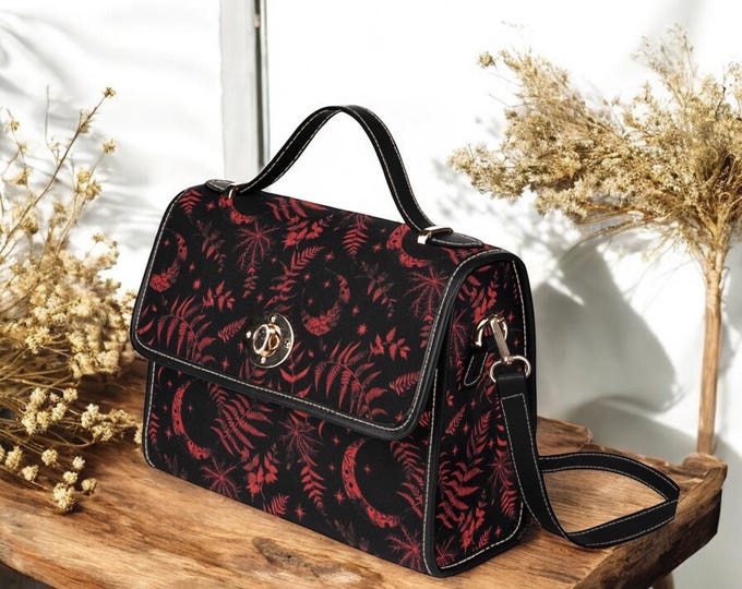 Dark Red Fern Canvas Satchel bag, dark women botanical witchy crossbody purse, cute vegan leather strap hand bag moth bag, hippies boho gift