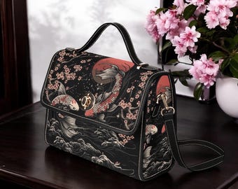 Koi Fish Sakura Canvas Satchel bag, Japanese Cottagecore Cherry Blossom crossbody purse, cute vegan leather strap boho bag, hippies gift