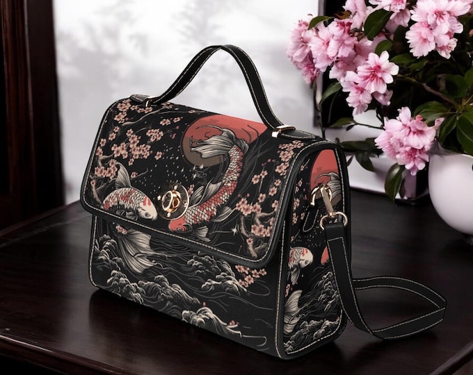 Koi Fish Sakura Canvas Satchel bag, Japanese Cottagecore Cherry Blossom crossbody purse, cute vegan leather strap boho bag, hippies gift