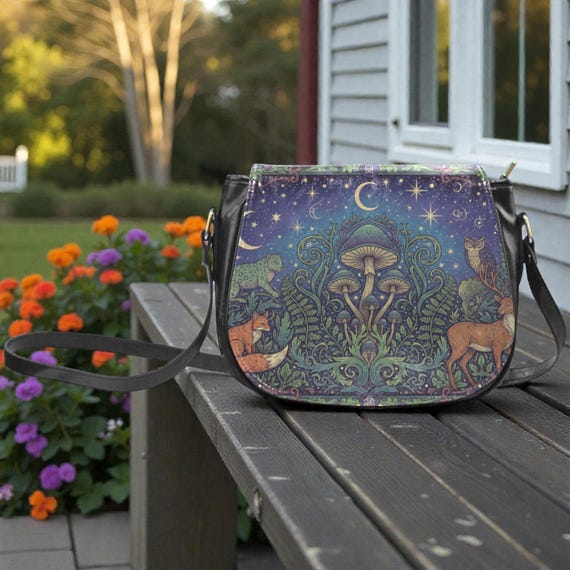 Magic Mushrom Forest crossbody saddle bag, Witchy Cottagecore Bag, Enchanted Woodland Animal shoulder bag , nature saddle purse handbag gift