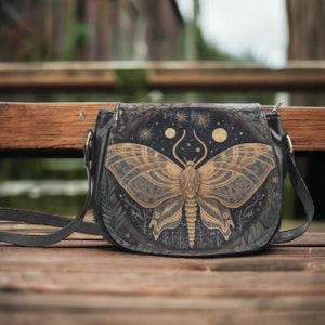 Goth Moth Vegan leather cute saddle bag, Boho witchy crossed body purse, cute PU leather hand bag goth bag, dark kawaii goth purse gift