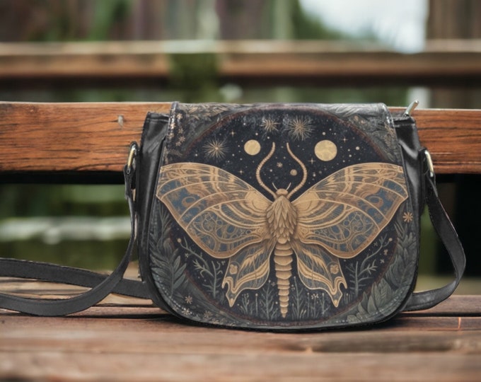 Goth Moth Vegan leather cute saddle bag, Boho witchy crossed body purse, cute PU leather hand bag goth bag, dark kawaii goth purse gift