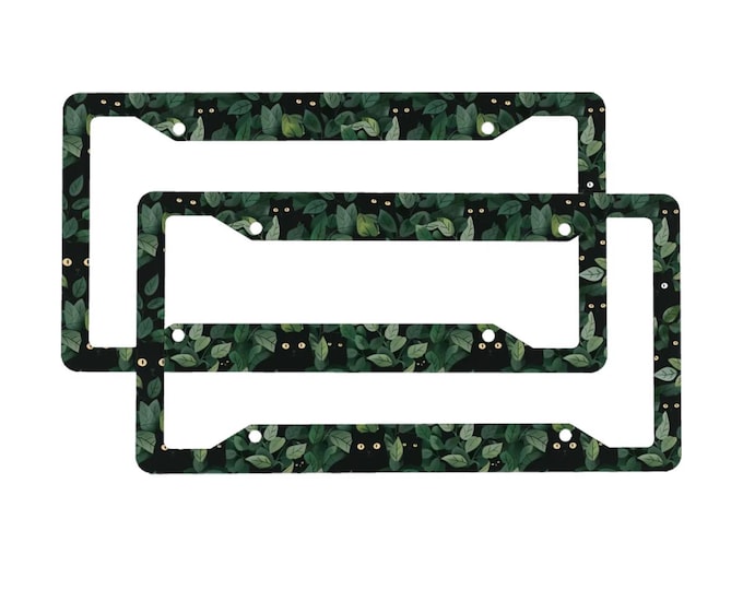 Black Cat License Plate Frame, Hidden Kitten in Green Leaves Botanical Car Accessory, Cute Floral Auto Decor, Plant and Cat Lover Gift