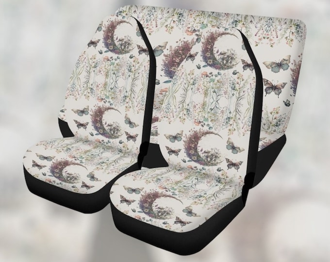 Boho Cottagecore Moon Car Seat Cover for Women Full Set, Cottagecore Mushroom Flower Car Seat Covers for Vehicle, Car Driver Gift for Her